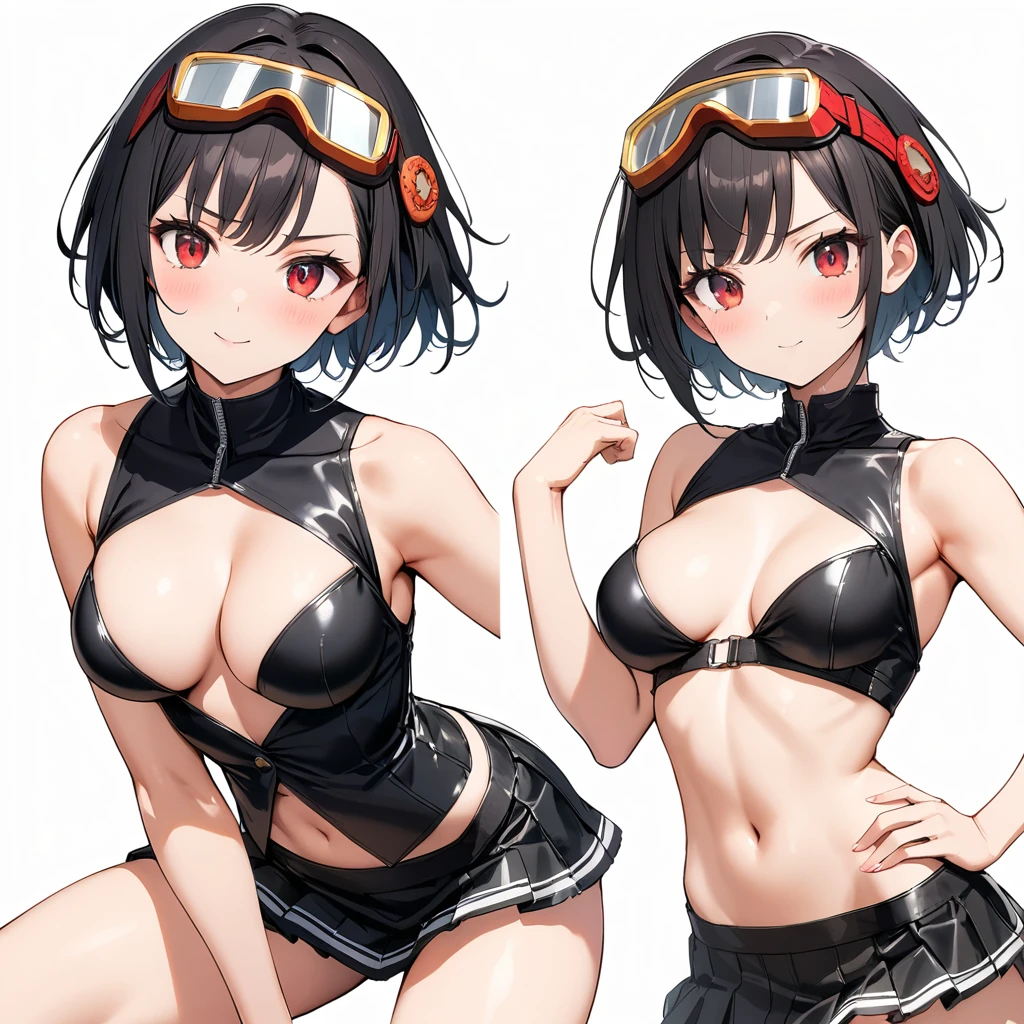 16k works,Highest quality,18-year-old,No background.White background only,whole body、Kneel,Dynamic and sexy pose, One person, Beautiful Face,, Symmetrical eyes, Perfect body, Good balance、 Perfect body、Jet Black Hair, Red eyes, short hair, bangs, hair decoration, mini skirt, wears goggles on head, Black Leather clothing, Black Leather, Mature Body, Female blacksmith,