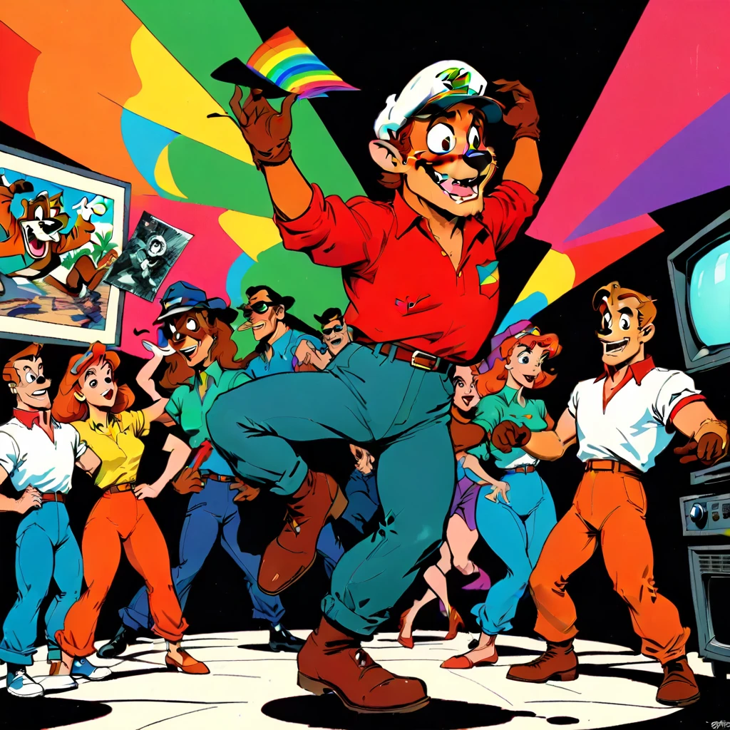 VHS, glitch, distorted, nostalgia, 90's retro vibes, analog tape, vcr aesthetics, tv, television, (Talespin 1990's cartoon homage), comic 1990's, animated tv show screengrab, Talespin cast dancing stanky boogie, cinematic poster, image within image, multiple exposure, massive scale, rich color grading for shading depth, hand drawn rotoscope cartoon realism, chiaroscuro lighting, mixed media, vintage comic, retro original design, 1990's comic, sense of movement energy, taking flight, tropical rot, rewilding, (full roygbiv color) ink charcoal expressive illustration, Talespin aesthetics
