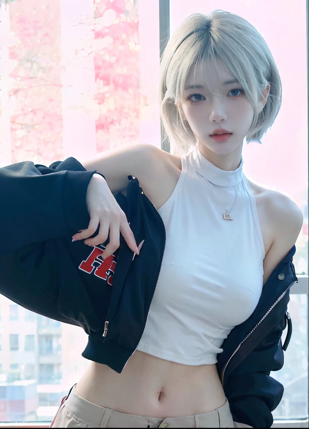 Beautiful woman with perfect figure:1.4,Ultra-high resolution,White background,(lifelike:1.4),Layered Hairstyle,White skin,Bikini:1.5,Super short pleated skirt,whole body,Very delicate face and skin texture,Double eyelids,Skin Whitening,short hair,White hair