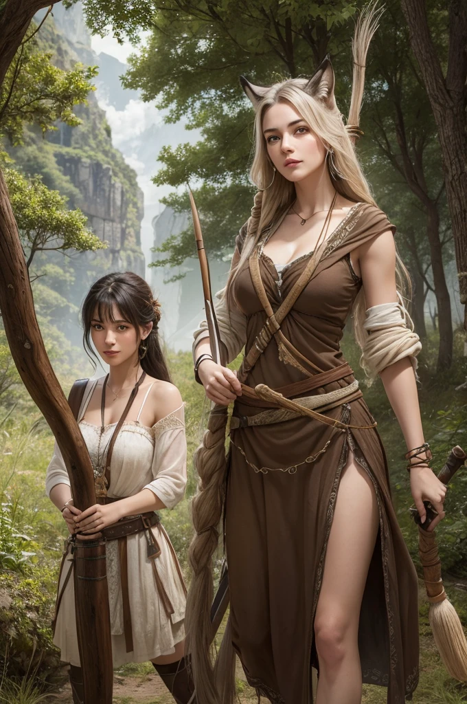 A young adult woman from ancient Greece, in rustic and wild attire, Woman Hunter, holding a longbow next to a large white lynx