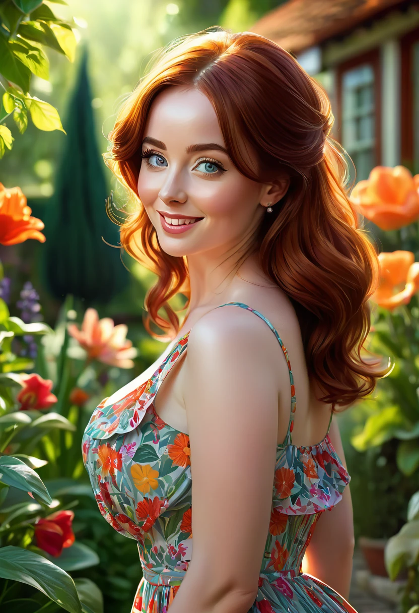 Adorable, Woman,big-eyed woman, round face. promenent lips. Smileing,In the garden,Her hands are behind her...., , large ass, wearing a cute sun dress. Picture from the side,looking at the scenes, intense colors, Very valuable details, complex details, volumetric lighting, digital art, 8k, trending on Artstation, Clear focus, complex details, highly detail, Greg Rutkowski Big Eyes, high-resolution, fiery red hair. Anna Popplewell
