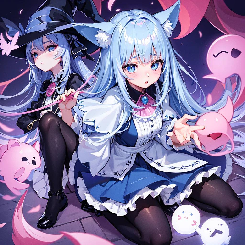 female、Wizard 의상,angel hall,Wizard, light blue eyes、Wear Mary Jane Shoes,The shoes have a pair of small wings, pose for a photo.,long hair、twintail hair,shy,blush,Hot,masterpiece、Best image quality、top quality、witch clothes、witch hat、超long hair,fox ears,gray hair,(black pantyhose),blue eyes、exquisite eyes、Beautiful girl、Chubby cheeks、cute 드레스、puffy sleeves、Ruffled skirt、pink ribbon、cute、change,
