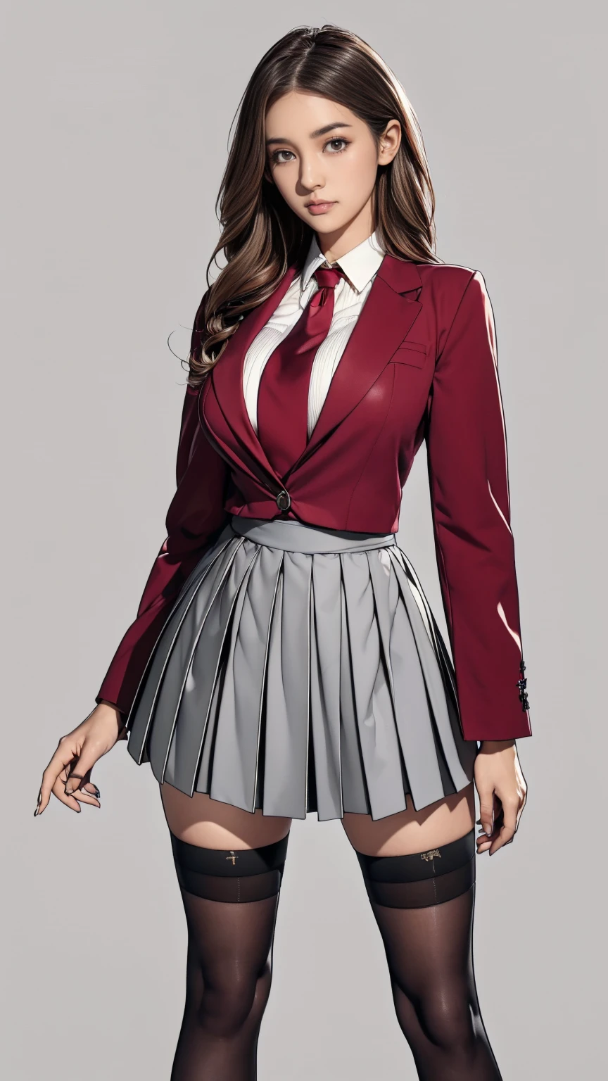 ((best quality,4k,highres,masterpiece:1.2)),((character concept art)), 1 female, age 18. Known for her youthful charm and unwavering determination, Her body language is as modest as her personality, always exuding a sense of innocence and resilience, ((She is dressed in a prestigious Tokyo high school uniform)), (((The uniform includes a (tailored maroon blazer with the school crest on the chest), a (maroon necktie), (a white blouse) with a Peter Pan collar underneath that compliment her natural E-cup breasts, a (pleated grey skirt) that  emphasizing her  figure))), (((She enhances her look with Sheer black stockings and black leather oxford shoes))), carrying her ensemble with an air of subtle confidence. Her accessories are minimal, reflecting her simple lifestyle at this age. ((intricate detail)), super finely detailed hands, ultra finely detailed fingers(((ten fingers))), (standing confidently), (full body showcase), (show full body), (no logos on background), (no logo), ((plain background)), ((plain background)), (((empty background))).