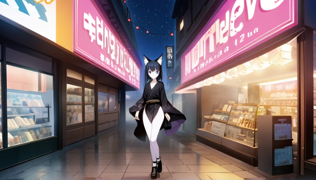 ((anime zero no tsukaima art, masterpiece, 4k, extreme quality)).
The theme is supernatural.
The setting is a street in the center of Tokyo(detailed:1,9), the year is 2024, summer, without fog, full of varied open stores in the surroundings, full of people in the surroundings, it is 9 pm, the sky is starry, the environment is illuminated by the lights of streetlights and open stores. There is a foxgirl(Only one), she is the focus of the scene, she is 12 years old, she has purple fox ears(long:1,3), she has purple 9-tails(long:1,8), hair(short:1,8) messy and gradient purple with gray from top to bottom, bright and silver eyes(bright:2,1), pale white skin, short stature(short:1,3, she wears a totally black yukata, thin(thin:1,9), narrow chest, flat chest, waist(thin:1,7), wide hips, big round butt, beautiful thighs, beautiful curves, shy and embarrassed behavior, fullbody vision(far:1,5). The atmosphere is pleasant. Complete view of scene.