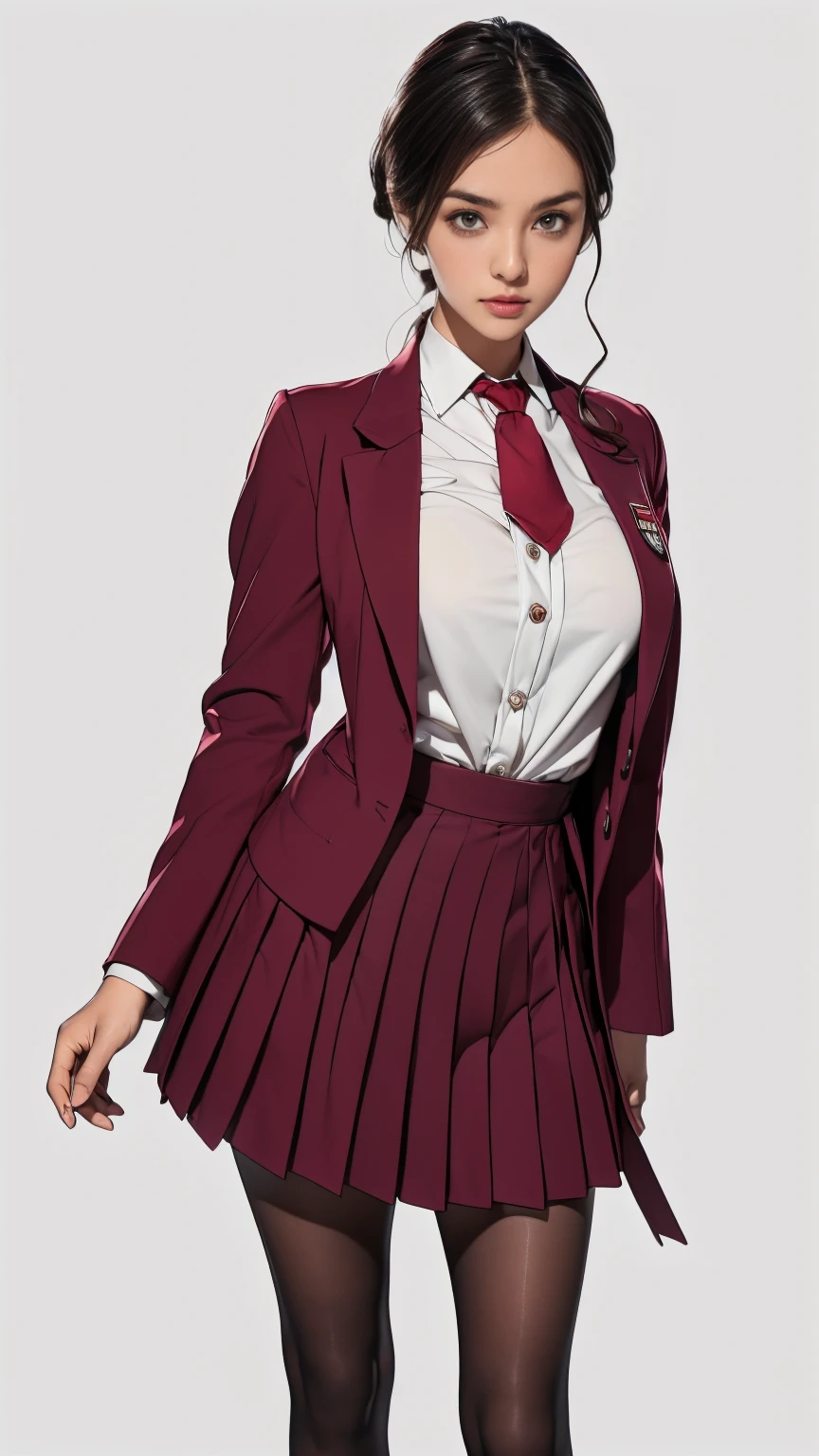 ((best quality,4k,highres,masterpiece:1.2)),((character concept art)), 1 female, age 18. Known for her youthful charm and unwavering determination, Her body language is as modest as her personality, always exuding a sense of innocence and resilience, ((She is dressed in a prestigious Tokyo high school uniform)), (((The uniform includes a (tailored maroon blazer with the school crest on the chest), a (maroon necktie), (a white blouse) with a Peter Pan collar underneath that compliment her natural E-cup breasts, a (pleated grey skirt) that emphasizing her figure))), (((She enhances her look with Sheer black stockings and black leather oxford shoes))), carrying her ensemble with an air of subtle confidence. Her accessories are minimal, reflecting her simple lifestyle at this age. ((intricate detail)), super finely detailed hands, ultra finely detailed fingers(((ten fingers))), (standing confidently), (full body showcase), (show full body), (no logos on background), (no logo), ((plain background)), ((plain background)), (((empty background))).
