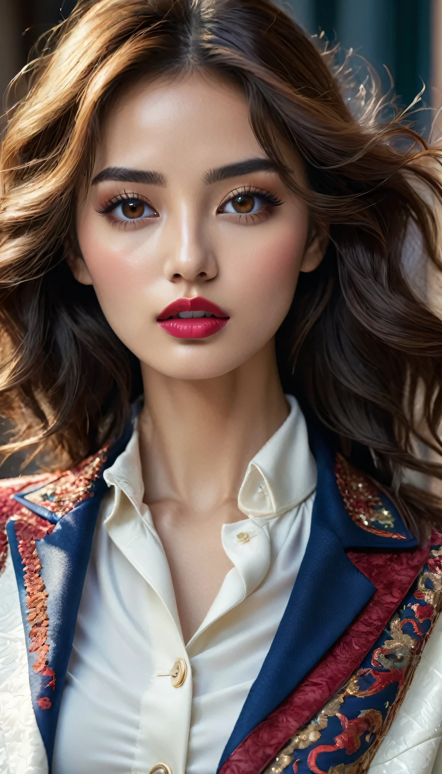 photorealistic Realism 8K, 16K Quality, fashion supermodel, (Glamour, paparazzi taking pictures of her), (ultra absurd quality, extremely detailed detail, hyper resolution, clear sharp focus, not blurry, (perfect round, Realistic brown eyes:1.15)), ((perfect dark_eyeshadows)), (super Detailed, beautiful little nose), (perfect composition), Depth of field, cinematic light, Lens flare, (extremely beautiful face, beautiful lips), pink_makeup:1.2, blue_eyeliner, red_lipstick:1.2,(perfect dark_eyeshadows), (super detailed professional makeup on eyes:1.3), (Detailed nose:1.2), Intricate detail face, best high quality real texture skin, (A woman with velvety skin), ((best high quality real texture hair)), (short blonde hair, (wavy, combed up, behind the ear), extremely detailed)), photo of the most beautiful artwork in the world, professional majestic (photography by Steve McCurry), 8k uhd, dslr, soft lighting, high quality, Fujifilm XT3 sharp focus, f 5.6, dramatic, (Anatomically correct perfect proportions), ((perfect hands:1.2)), ((perfect female body:1.4)), cute girl, ((firm and full breasts)), ((super beautiful cute sharp-face)), (light pale complexion), ((super elaborate extravagant white Jacket wear:1.2)),(small head: 1.4), ((Beautiful girl with long legs and good style:1.25)), ((body shot to knees:1.32)),((dynamic pose:1.25)),((Lively,Active,vivaciousness)),((no_Pantise)),(Erotic:1.6),((red silked skirt,(tiny skirt:1.22),no_panties,curvy)),((school uniform short skirt wrapped at the hips))), (((upper body to the knee: 1.4))), ((cowboy shot, wide shot))