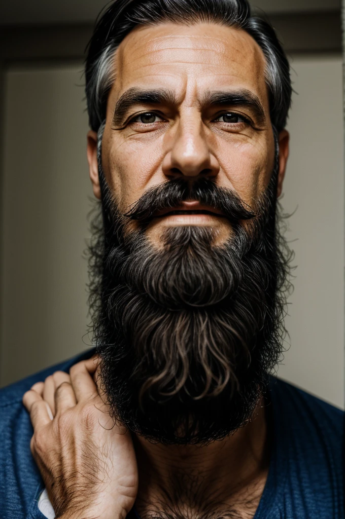 Old man with dark hair and beard and light eyes