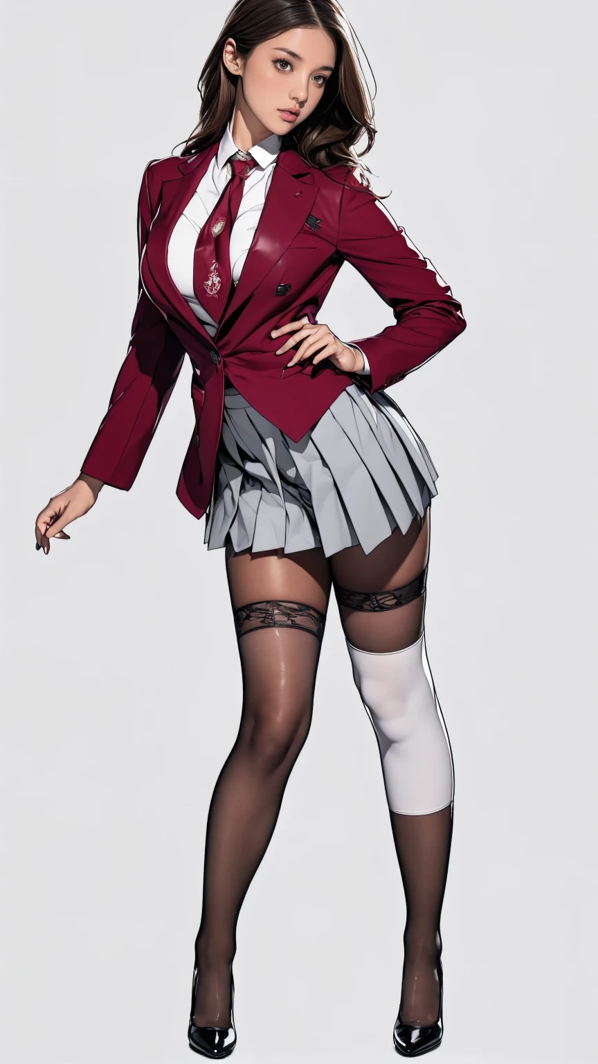 ((best quality,4k,highres,masterpiece:1.2)),((character concept art)), 1 female, age 18. Known for her youthful charm and unwavering determination, Her body language is as modest as her personality, always exuding a sense of innocence and resilience, ((She is dressed in a prestigious Tokyo high school uniform)), (((The uniform includes a (tailored maroon blazer with the school crest on the chest), a (maroon necktie), (a white blouse) with a Peter Pan collar underneath that compliment her natural E-cup breasts, a (pleated grey skirt) that  emphasizing her  figure))), (((She enhances her look with Sheer black stockings and black leather oxford shoes))), carrying her ensemble with an air of subtle confidence. Her accessories are minimal, reflecting her simple lifestyle at this age. ((intricate detail)), super finely detailed hands, ultra finely detailed fingers(((ten fingers))), (standing confidently), (full body showcase), (show full body), (no logos on background), (no logo), ((plain background)), ((plain background)), (((empty background))).