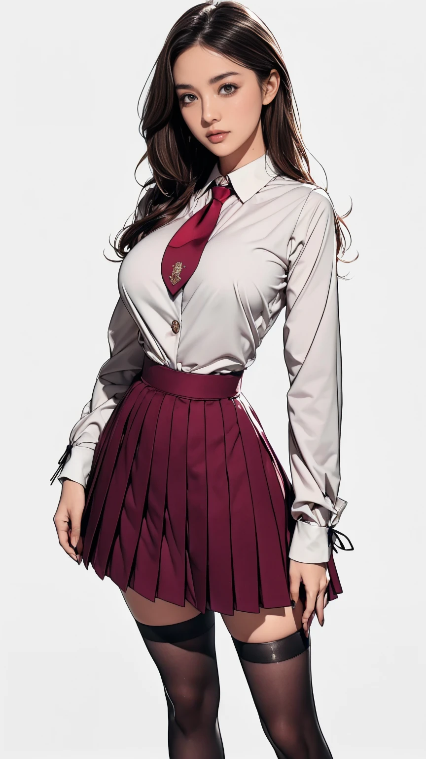((best quality,4k,highres,masterpiece:1.2)),((character concept art)), 1 female, age 18. Known for her youthful charm and unwavering determination, Her body language is as modest as her personality, always exuding a sense of innocence and resilience, ((She is dressed in a prestigious Tokyo high school uniform)), (((The uniform includes a (tailored maroon blazer with the school crest on the chest), a (maroon necktie), (a white blouse) with a Peter Pan collar underneath that compliment her natural E-cup breasts, a (pleated grey skirt) that  emphasizing her  figure))), (((She enhances her look with Sheer black stockings and black leather oxford shoes))), carrying her ensemble with an air of subtle confidence. Her accessories are minimal, reflecting her simple lifestyle at this age. ((intricate detail)), super finely detailed hands, ultra finely detailed fingers(((ten fingers))), (standing confidently), (full body showcase), (show full body), (no logos on background), (no logo), ((plain background)), ((plain background)), (((empty background))).