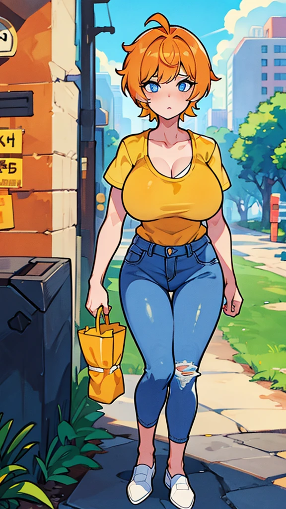 1woman, Large breast, Orange hair, Short hair, yellow t shirt, v neck, Blue jeans, Straight jeans, White shose, (high resolution), (8K), (extremely detailed), (4k), Blue eyes, Outdoors, city, Daytime, Light, Light skin,