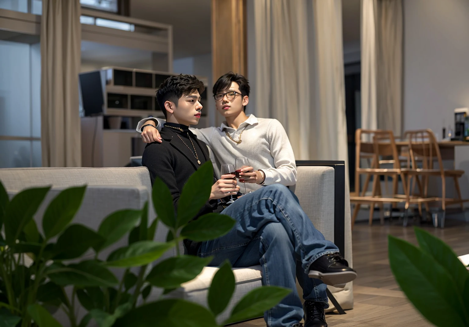 Asian boys sitting together, good lighting, smooth hair, glossy skin, blur background, high quality, 8k resolution, hairpin, necklace, holding wine glass