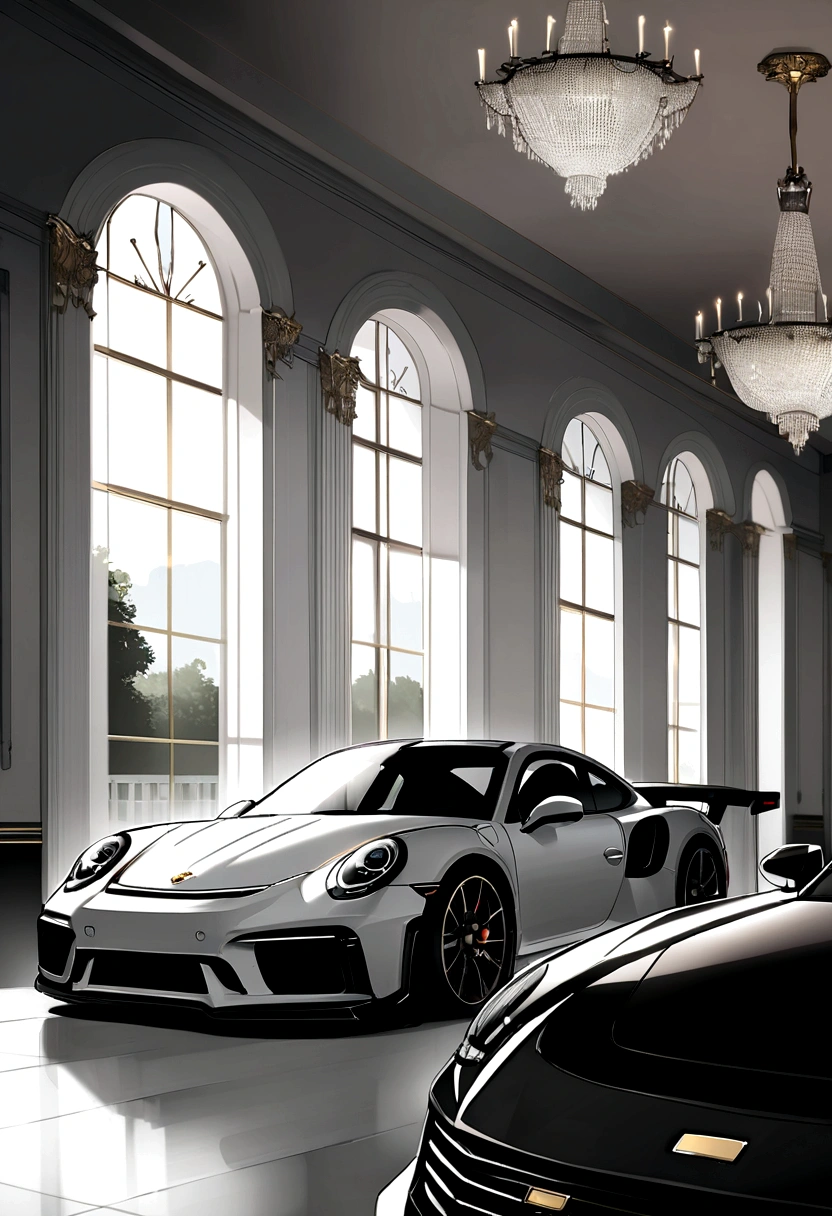 black and white mansion with parked porche 911 turbo outside
