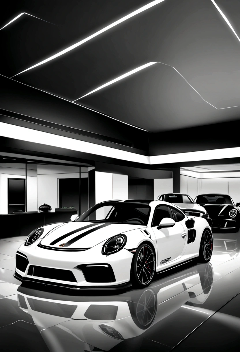 black and white mansion with parked porche 911 turbo outside

