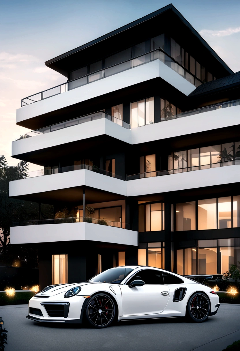 black and white mansion with parked porche 911 turbo outside
