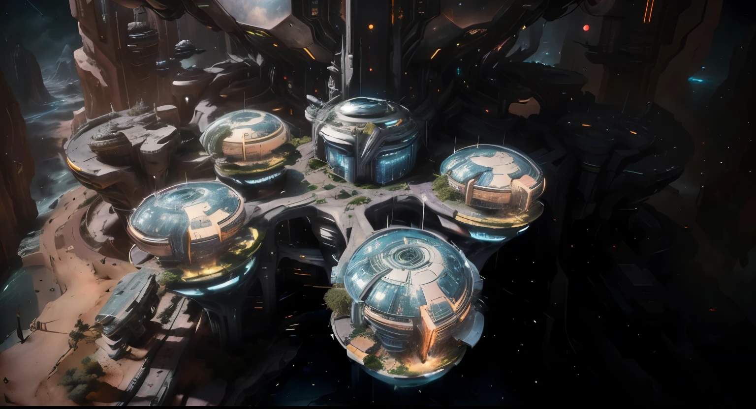 There is a picture of a futuristic city with a giant robot head, Jodorowsky's Dune, Insanely detailed matte paint, peter gric and dan mumford, intricate matte painting, Jodorowsky's film "Dune", John Harris Style, Jean Giraud 8 K, Hyper-detailed matte painting, Complex environment, Stunning sci-fi concept art, cgsociety ),spaceship in the middle of a galaxy with a star in the background, scifi space station, futuristic space station, deep space super structure, ancient space ship, industrial humanity spaceship, hexagonal planetary space base, futuristic orbital station!!!!, alien space ships, alien structure, orbital station, scifi base, utopian space ship, orbiting space ships, space station