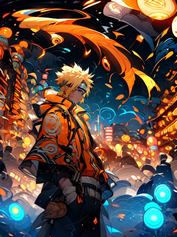 neon street lights, bright neon lights,Uzumaki Naruto ,blue eyes, yellow hair 