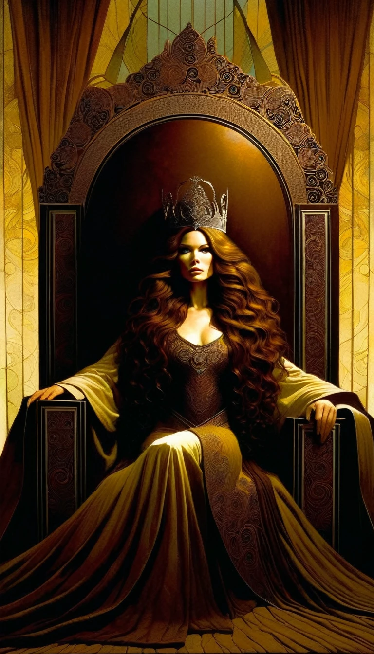 the empress, on her throne, long brown hair and curls, large throne room, inspired art by dave Mckean
