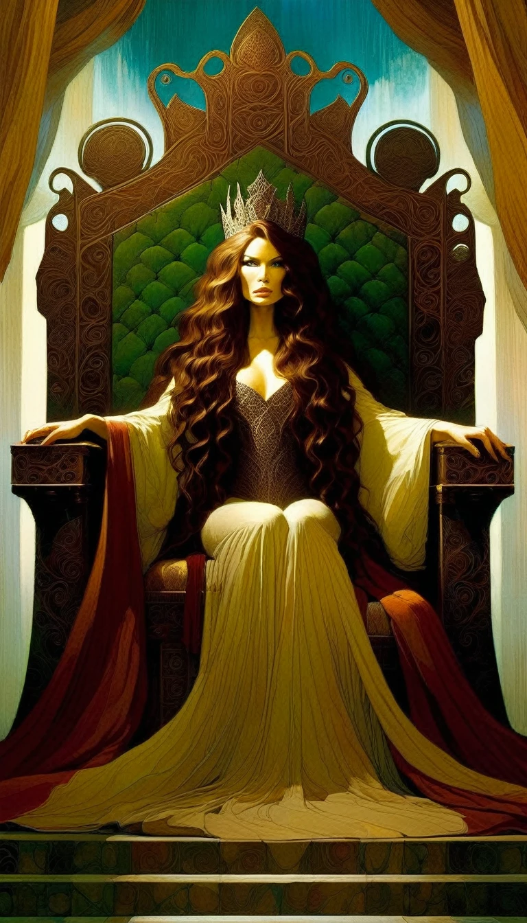 the empress, on her throne, long brown hair and curls, large throne room, inspired art by dave Mckean