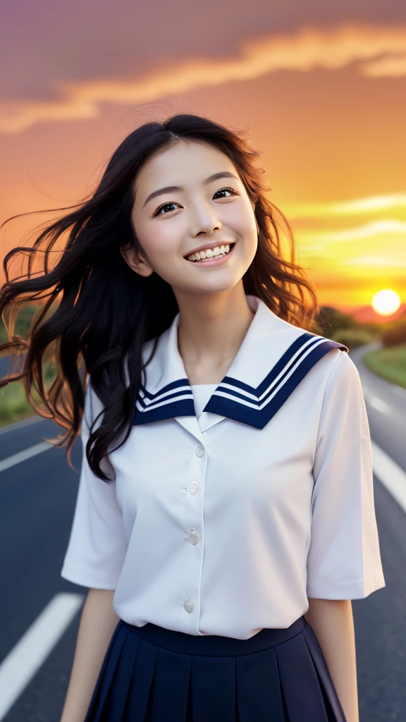 Facing forward、(Wearing a white sailor suit with a navy blue collar and red ribbon and a navy blue miniskirt、Close-up portrait of a girl with long black wavy hair: 1.5)、(Japanese girl with smiling face looking up at the sky on a country road:1.5)、(Blurred Background:1.5)、(red sky at sunset:1.5)、(Perfect Anatomy:1.3)、(Complete Hand:1.3)、(Full Finger:1.3)、Photorealistic、Raw photo、Mastepiece、Highest quality、High resolution、Delicate and beautiful、Perfect Face、Beautiful eyes in every detail、Fair skin、Real human skin、((Thin legs))、(Black Hair)