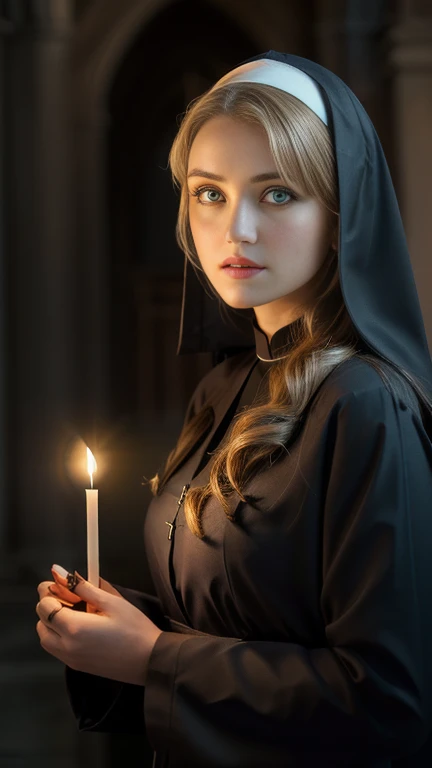 looking before, cowboy shot, Denmark female, 20 years-old, (gold hair, shortcut-hair, detailed blue eye, Detailed pretty face,cutey lip ) ,normal body, Catholic, Black Sister uniform, a woman in a nun outfit holding a candle in a dark room , anna Sophia robe as Joan of arc, woman in black robes, The body is wooden cross by chain,  in church ,still from the movie, Global illumination, back lit lighting, full bloom, ((Cold light)), Sharp focus, photograph realistic, Detailed skin, background out of focus, Cinematic composition , Ultra-detailed, Realistic , Hyper-realistic , volumetric lighting, 8K, trending on attestation