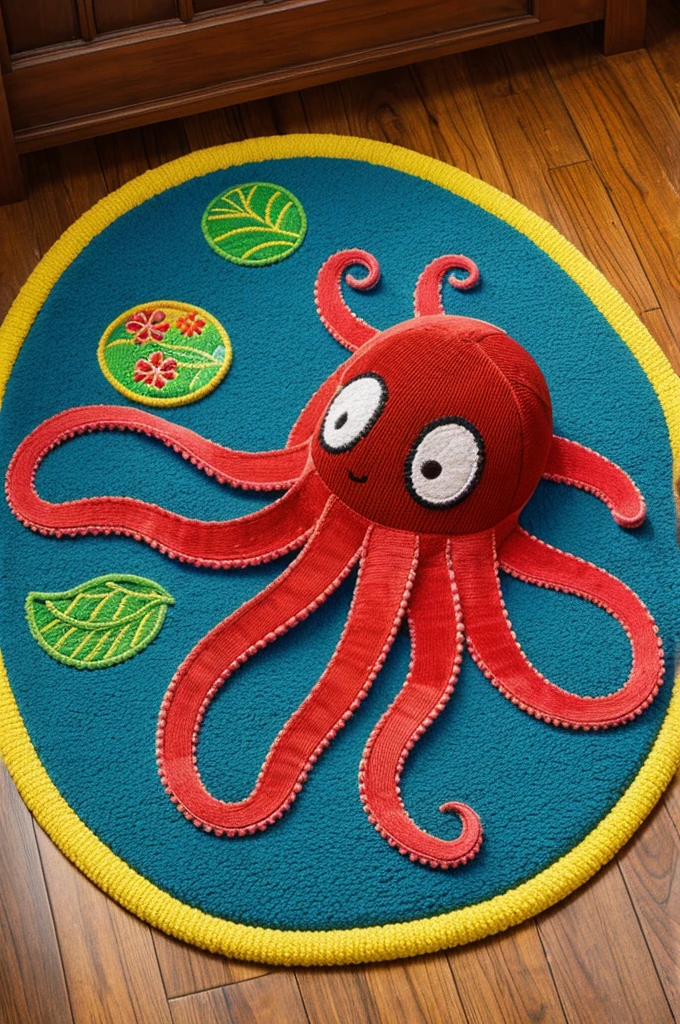 An octopus made of corduroy for children, embroidered with bright colors on a bed in the mat