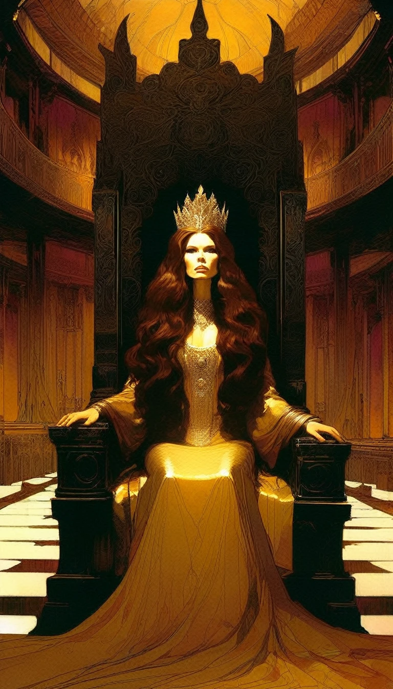 the empress, on her throne, long brown hair and curls, large throne room, inspired art by Bill Sienkiewicz
