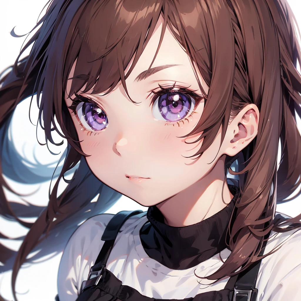 create 1 anime style image of 1 with brown hair with lilac highlights and black eyes white background 