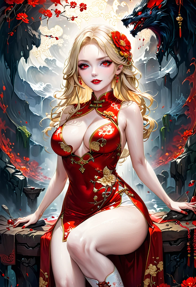 a beautiful female vampire wearing a (blood stained white Cheongsam: 1.5), an extremely beautiful female vampire, ultra detailed face, blond hair, long hair, wavy hair, dark glamour make up, pale skin, red lips, glowing red eyes, visible vampiric fangs, she wears a ((white Cheongsam: 1.5)), elegant, intricate detailed Cheongsam, silk Cheongsam, small cleavage, ((Cheongsam is decorated with gems: 1.4)), she wears elegant knee high heeled boots, exquisite knee high heeled boots, there are stains of blood on the upper part of the dress, dynamic background, best details, best quality, highres, ultra wide angle, 16k, [ultra detailed], masterpiece, best quality, (extremely detailed), full body, ultra wide shot, photorealistic, fantasy art, dnd art, rpg art, realistic art, blood everywhere,