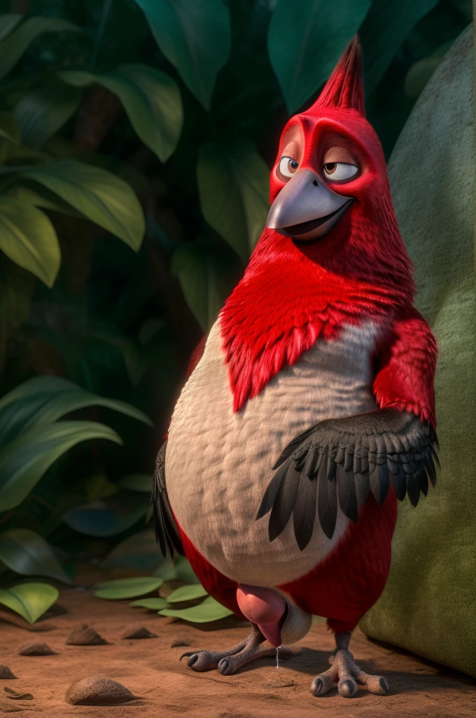 ((NSFW, sexual)), rio movie, jungle landscape, pedro a male red-crested cardinal, avian, ((anthro)), human body, furry, feathered arms, chubby body, ((exposing big tapering penis, testicles)), standing, brown eyes, bedroom eyes, seductive, smiling, realistic, digitigrade legs, detailed eyes