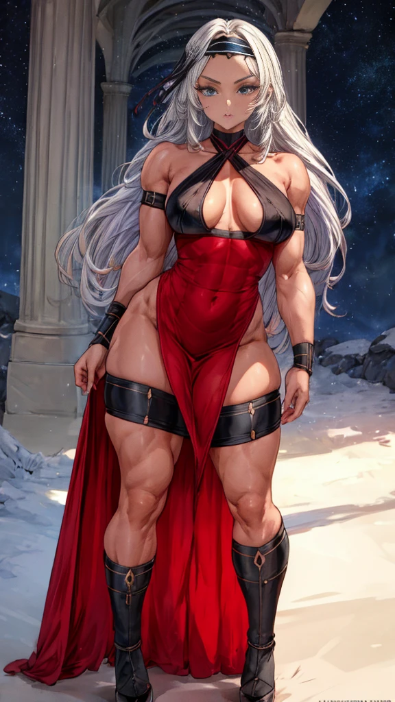 1 girl, {{{in 1, 1 girl, height 1.60, alone, beautiful blue eyes, Waist length hair, tight red sexy dress, (Red dress), Love, by white, hair ornament, black headband, Neckband, small breasts}}}, beautiful girl, {{{standing or standing full body image}}}, {{{Wear black high heels}}}, poses her beautiful black heels standing {{{is stopped}}}, {{{muscular abs}}}, {{muscular belly}}}, the dark sky is full of stars,(dark sky full of stars), (((Best Quality))), (((8k quality))), (((ultra best definition))), ((better face definition))), (((Perfect face))), (Perfect face:1.1), (sharp focus:1.1),, trend on Artstation, intricate, high detail, sharp focus, (((arms, hands, legs, pies, perfect faces))), (((perfect body))), (((best anatomy))), (((noise removal))), (((perfect and clear face))), (((Masterpiece))).
