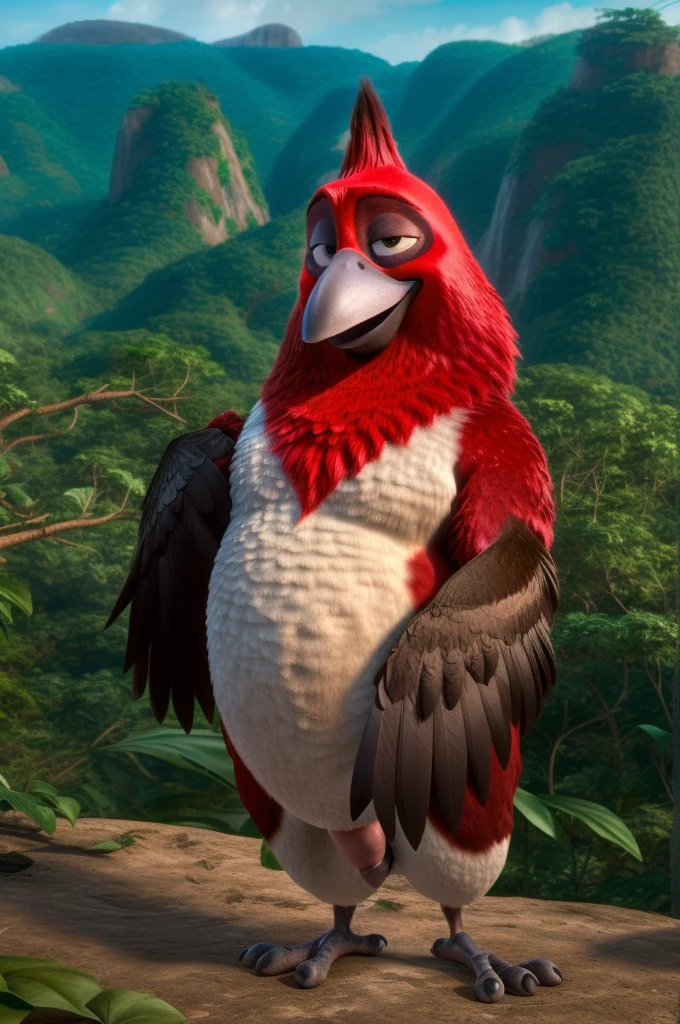 ((NSFW, sexual)), rio movie, jungle landscape, pedro a male red-crested cardinal, avian, ((anthro)), human body, furry, feathered arms, chubby body, ((exposing big tapering penis, testicles)), standing, brown eyes, bedroom eyes, seductive, smiling, realistic, digitigrade legs, detailed eyes