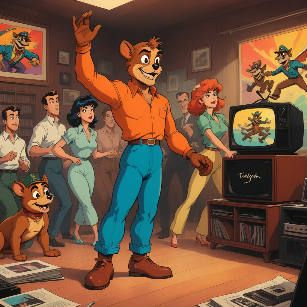 VHS, glitch, distorted, nostalgia, 90's retro vibes, analog tape, vcr aesthetics, tv, television, (Talespin 1990's cartoon homage), comic 1990's, animated tv show screengrab, Talespin cast dancing stanky boogie, cinematic poster, image within image, multiple exposure, massive scale, rich color grading for shading depth, hand drawn rotoscope cartoon realism, chiaroscuro lighting, mixed media, vintage comic, retro original design, 1990's comic, sense of movement energy, taking flight, tropical rot, rewilding, (full roygbiv color) ink charcoal expressive illustration, Talespin aesthetics
