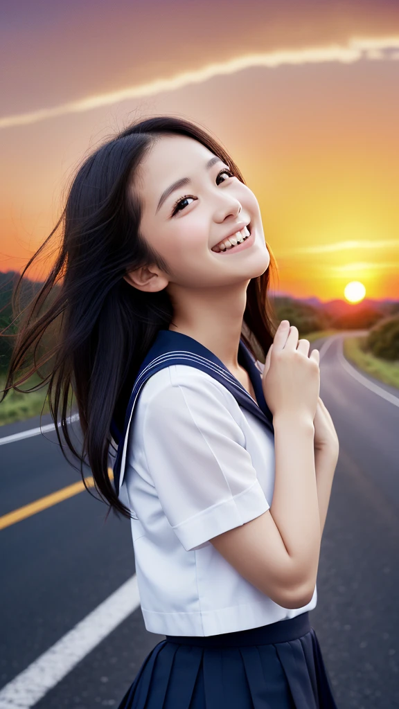 (Wearing a white sailor suit with a navy blue collar and a navy blue miniskirt、Close-up portrait of a girl with long straight black hair: 1.5)、(Japanese girl with smiling face looking up at the sky on a country road:1.5)、(Blurred Background:1.5)、(red sky at sunset:1.5)、(Perfect Anatomy:1.3)、(Complete Hand:1.3)、(Full Finger:1.3)、Photorealistic、Raw photo、Mastepiece、Highest quality、High resolution、Delicate and beautiful、Perfect Face、Beautiful eyes in every detail、Fair skin、Real human skin、((Thin legs))、(Black Hair)、風になびくBlack Hair