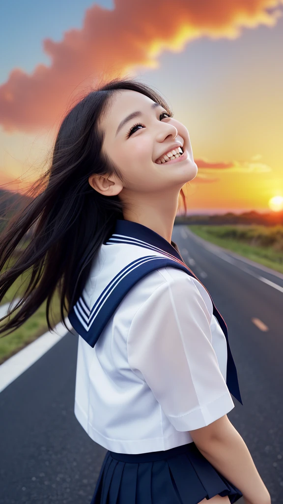 (Wearing a white sailor suit with a navy blue collar and red ribbon and a navy blue miniskirt、Close-up portrait of a girl with long black wavy hair: 1.5)、(Japanese girl with smiling face looking up at the sky on a country road:1.5)、(Blurred Background:1.5)、(red sky at sunset:1.5)、(Perfect Anatomy:1.3)、(Complete Hand:1.3)、(Full Finger:1.3)、Photorealistic、Raw photo、Mastepiece、Highest quality、High resolution、Delicate and beautiful、Perfect Face、Beautiful eyes in every detail、Fair skin、Real human skin、((Thin legs))、(Black Hair)