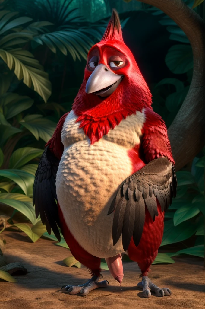 ((NSFW, sexual)), rio movie, jungle landscape, pedro a male red-crested cardinal, avian, ((anthro)), human body, furry, feathered arms, chubby body, ((exposing big tapering penis, testicles)), standing, brown eyes, bedroom eyes, seductive, smiling, realistic, digitigrade legs, detailed eyes