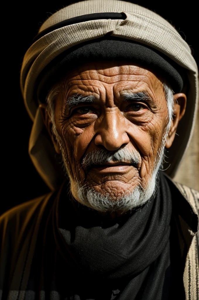 A wise old Arab man in a black background that expresses wisdom, cunning and acumen, focused on the face