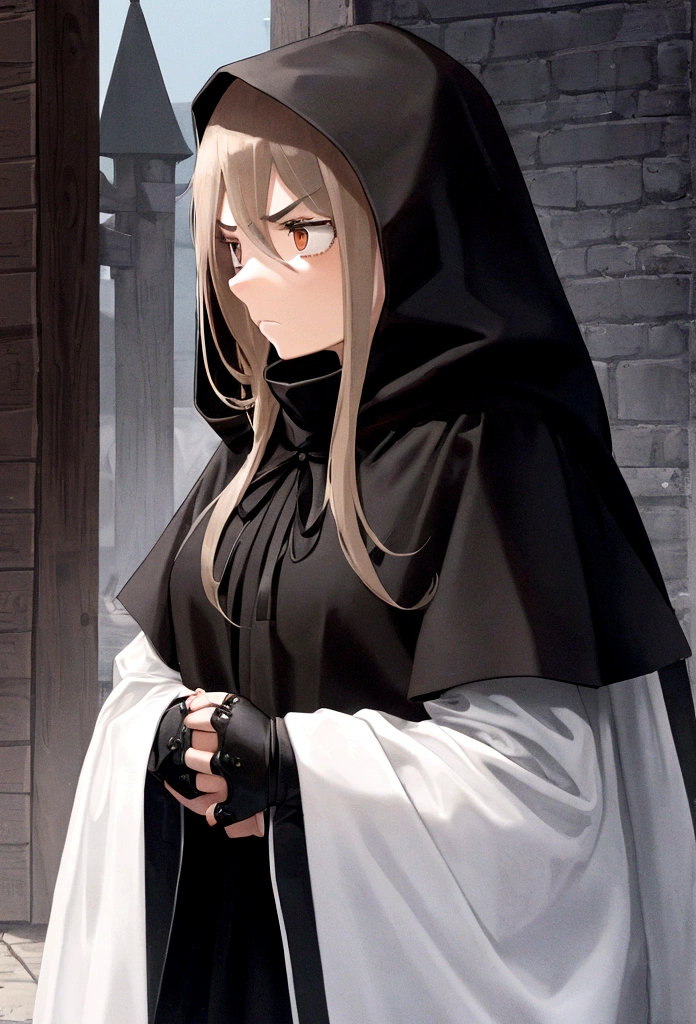 (best qualityer), (detailded), 1 young girl, angry, fully body, long hair, wearing a black hood, in a humble neighborhood, medieval times