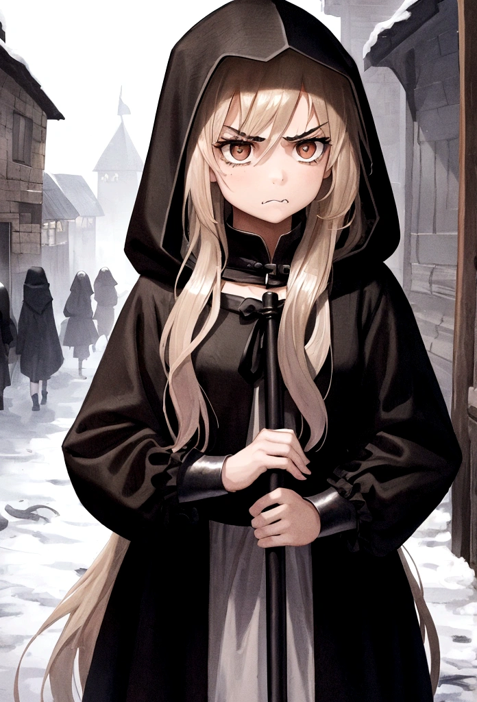 (best qualityer), (detailded), 1 young girl, angry, fully body, long hair, wearing a black hood, in a humble neighborhood, medieval times