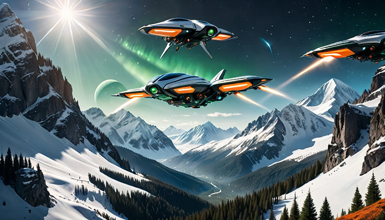 "A cinematic scene of a majestic mountain landscape with snow-capped peaks and dense forests in the valleys. In the center of the image, three futuristic spaceships fly in formation, with engines glowing bright orange (#FF4500). The lighting is natural and soft , with sunlight filtered through voluminous white clouds in the clear blue sky (#87CEEB). The composition uses the rule of thirds, with mountains occupying the upper left and right, creating a visual balance with the spaceships centered in the third. higher.
The camera used appears to be an ARRI Alexa 65, providing high resolution and cinematic depth of field. The lens is a wide angle, capturing the vastness of the landscape and the grandeur of the mountains. The color palette is naturalistic, with shades of green (#228B22) in the forests, brown (#8B4513) in the soil, and blue-gray (#708090) in the snowy mountains.
Cinematic light is soft and diffuse, creating soft, realistic shadows that add depth to the scene. There is a faint blue lens flare (#ADD8E6) visible in the sky, adding a touch of realism to the composition. The houses and villages in the valley have earthy tones (#D2B48C), harmonizing with the natural landscape around them.
The overall atmosphere is a fusion of pristine nature and advanced technology, creating a striking visual contrast and a sense of futuristic wonder."hyper realistic composition,32k resolution,cinematic composition,cinematic color grading.