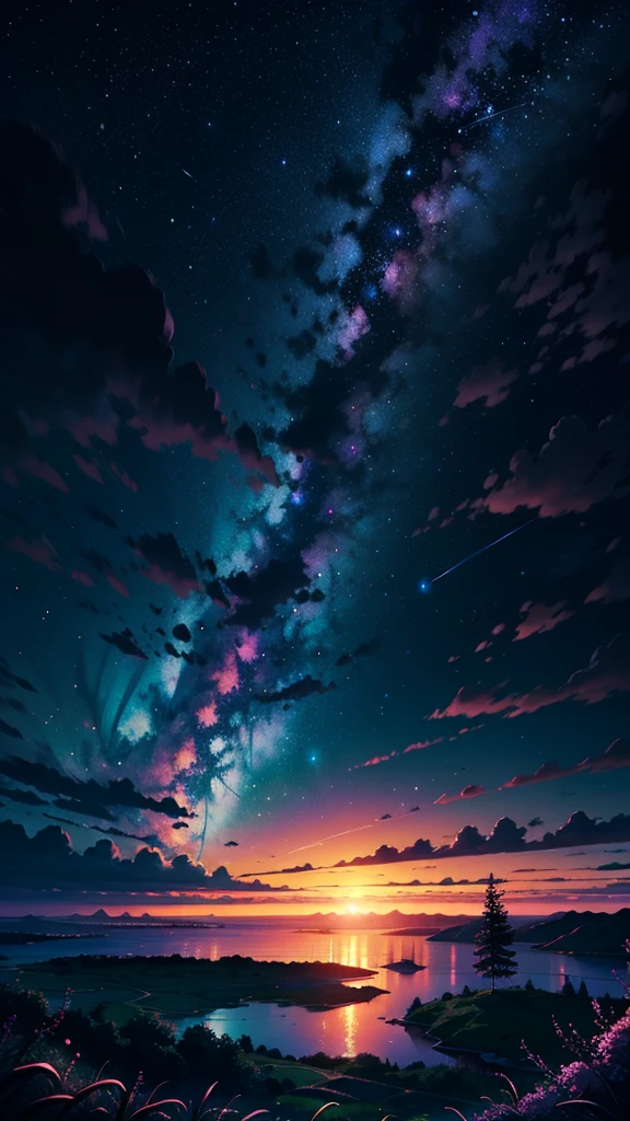 dark, purple, deep purple, green, wallpaper, Super detailed, Starry Sky, sunset