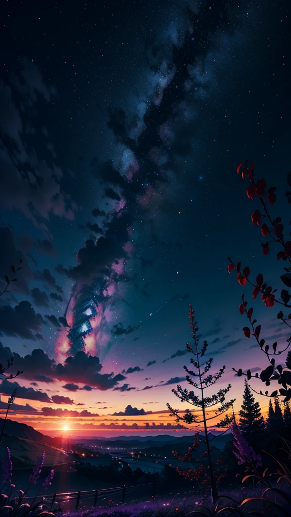 dark, purple, deep purple, green, wallpaper, Super detailed, Starry Sky, sunset
