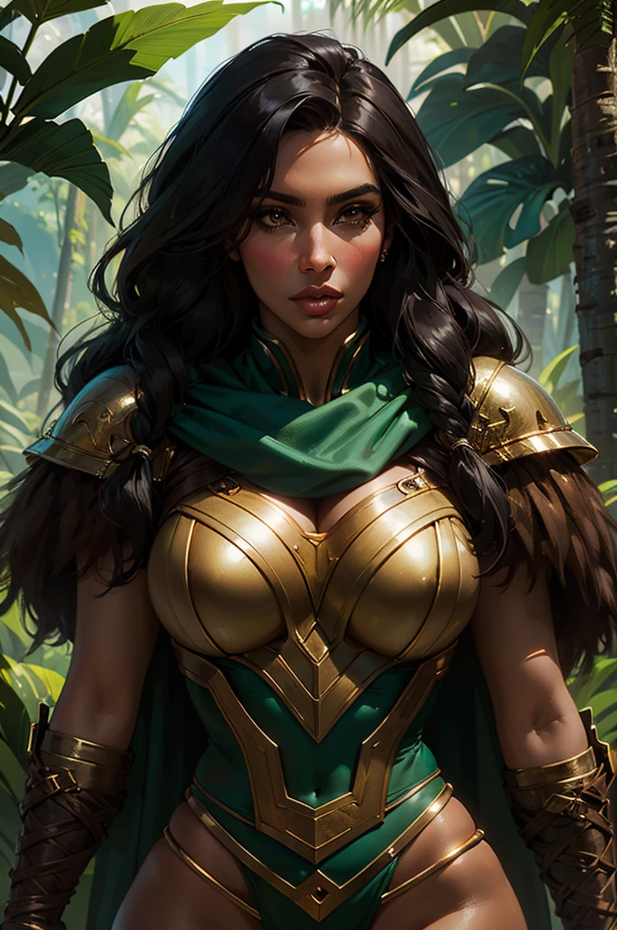 kim kardashian, ((Beautiful teen)), hourglass figure, large breasts, brown eyes, black hair, seductive face, tan skin, brown leather, fur, green cape, jungle queen, Amazons, jungle, fantasy theme, masterpiece, best quality, ultra detailed, realistic