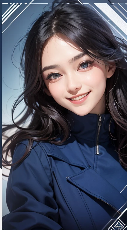 (UHigh resolution, retina, masterpiece, Accurate, Anatomically correct, Textured skin, Super detailed, Attention to detail, high quality, 最high quality, High resolution, 1080P, High resolution, 4K, 8K, 16K), (美しいAttention to detail目, Beautiful lip detail, Highly detailed eyes and face), Studio Lighting, Physically Based Rendering, Vibrant colors, (Large Breasts, Glamorous Body), (Royal Blue Color, navy uniform coat, class seal:1.5), (hunting:1.2), Business shirts, gloves, (Portraiture, Shiny Hair, Shiny skin, blush, Hair blowing in the wind), (Sun setting on the horizon, Bokeh), Eye Reflexes, Jet Black Hair, (Smile and laugh:1.5),