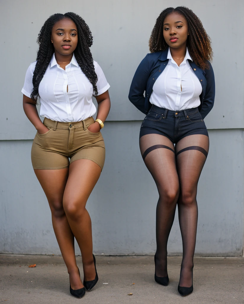 Two Nigerian college students plain white shirt and jean shorts, Stunning proportions, gray sheer tights, grey sheer tights, best quality, fat legs, full body, high heels, massive legs towering over you, standing, wide hips, big booty