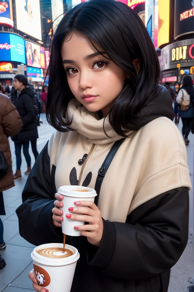 Brown girl Disney pix character, with straight black hair , eyes black .
Having coffee in New York at Times Square.

Cold weather clothes in black 