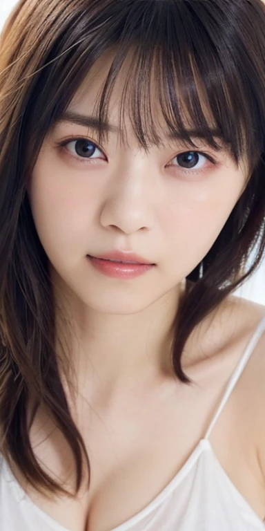 (masterpiece:1.3), Highest quality、Ultra-high resolution, Very detailed, Very detailed CG Unity 8k 壁紙, Realistic, photo-Realistic, RAW Photos, Beautifully detailed face, Pale skin, Realistic glistening skin, Detailed cloth texture, Detailed hair texture, Perfect body, Beautiful Face, Accurate, Anatomically correct, Highly detailed face そして skin texture, Natural neck length, (Fair skin:1.2), Good teeth alignment, 
Symmetrical eyes, dolly make、double eyelid, Thin eyebrows, (Glossy Lips:1.4), (Sad face:1.2),
(classy and cute girl:1.3), 
(Large Breasts:1.4), Cleavage, Beautiful clavicle, 
(Wavy long hair:1.2), ((Asymmetrical bangs:1.2)), A tight greyish blue camisole that hugs the breasts、Micro Mini、Voluptuous thighs、A photo showing you from head to knees、Focus on the thighs