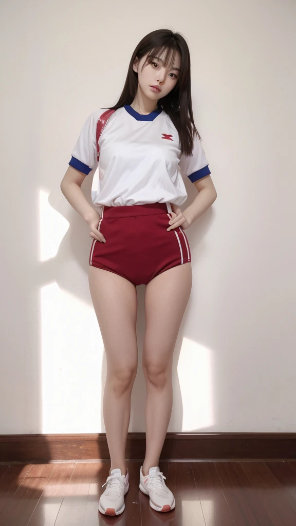 Korean lady in volleyball uniform full body standing Kodachrome