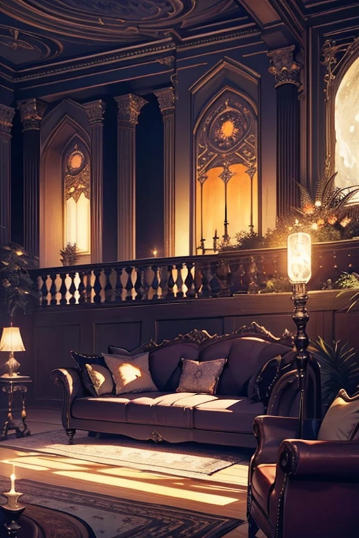 Interior, victorian Manor with reliquies, (((Nigth))), (((moonligth enters the living room))) soft pale orange palette, soft violet secundary exterior ligth