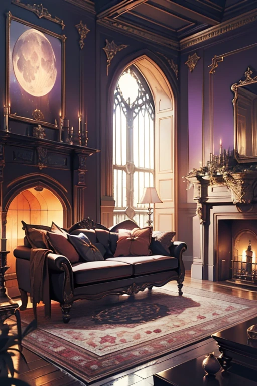 Interior, victorian Manor with reliquies, (((Nigth))), (((moonligth enters the living room))) soft pale orange palette, soft violet secundary exterior ligth