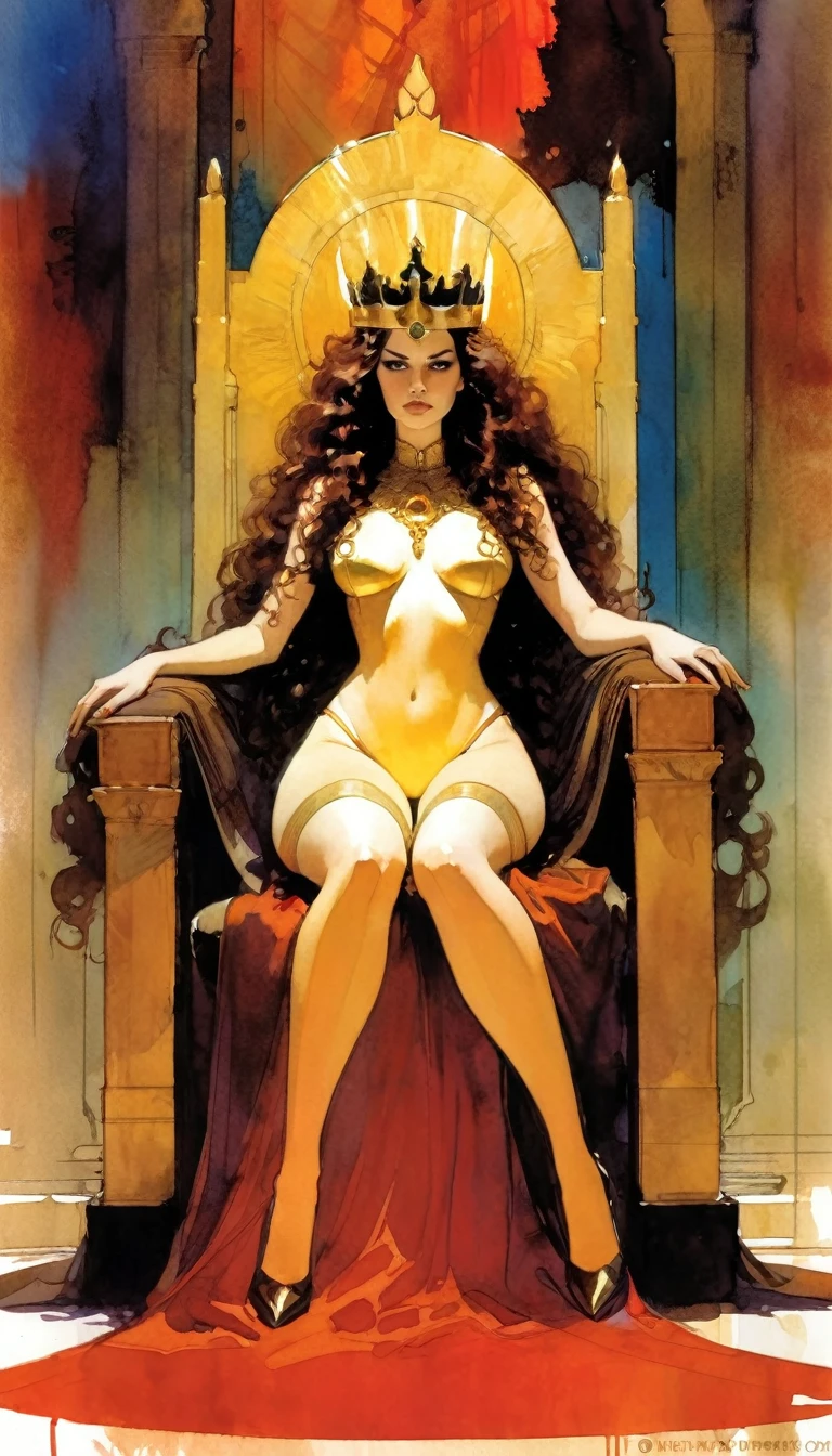 the empress, on her throne, long brown hair and curls, large throne room, inspired art by Bill Sienkiewicz